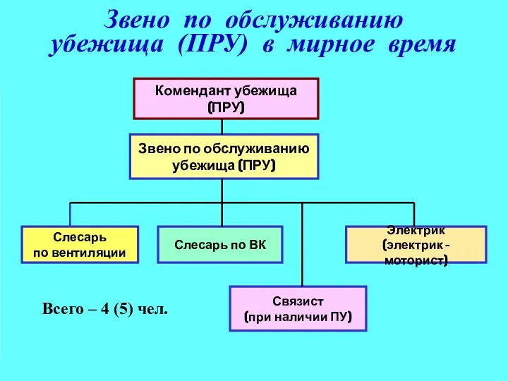 Звено по обслуживанию убежища (ПРУ) в мирное время Комендант убежища (ПРУ) Слесарь