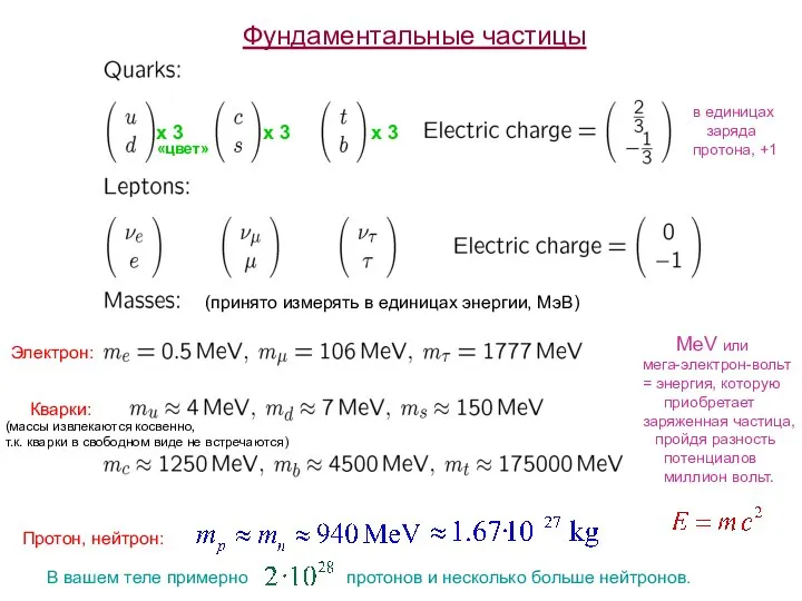 Фундаментальные частицы Электрон: Кварки: Протон, нейтрон: MeV или мега-электрон-вольт = энергия, которую