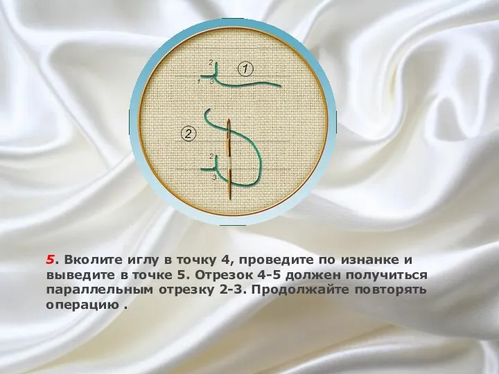 5. Вколите иглу в точку 4, проведите по изнанке и выведите в