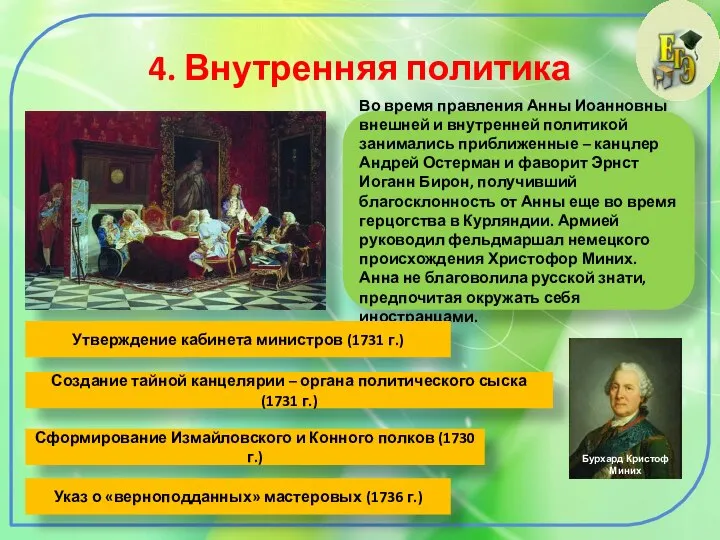 4. Внутренняя политика Во время правления Анны Иоанновны внешней и внутренней политикой
