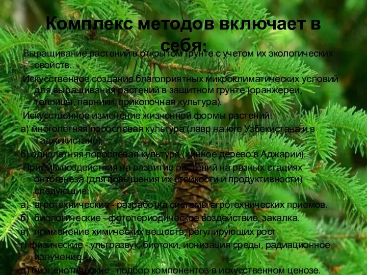 Комплекс методов включает в себя: Выращивание растений в открытом грунте с учетом