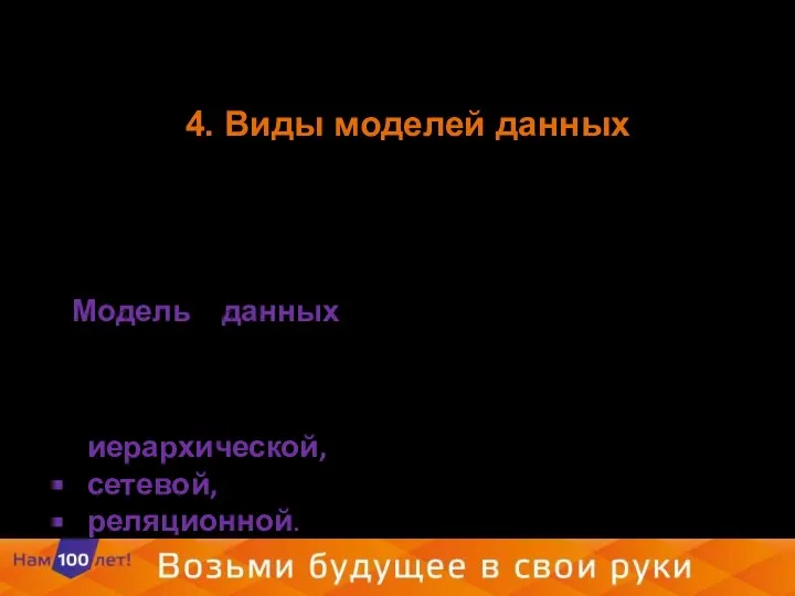 4. Виды моделей данных Ядром любой базы является модель данных. Модель данных