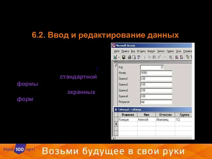 6.2. Ввод и редактирование данных Практически все СУБД позволяют вводить и корректировать