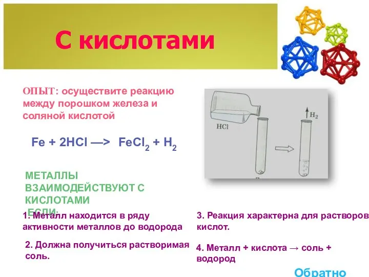 С кислотами ОПЫТ: осуществите реакцию между порошком железа и соляной кислотой Fe