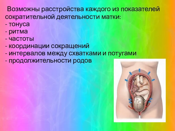 Возможны расстройства каждого из показателей сократительной деятельности матки: - тонуса - ритма