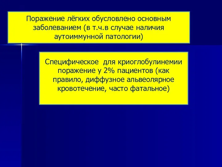 Поражение лёгких обусловлено основным заболеванием (в т.ч.в случае наличия аутоиммунной патологии) Специфическое