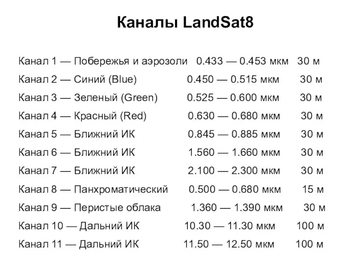 Каналы LandSat8 Канал 1 — Побережья и аэрозоли 0.433 — 0.453 мкм