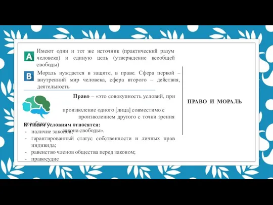 ПРАВО И МОРАЛЬ Мораль нуждается в защите, в праве. Сфера первой –