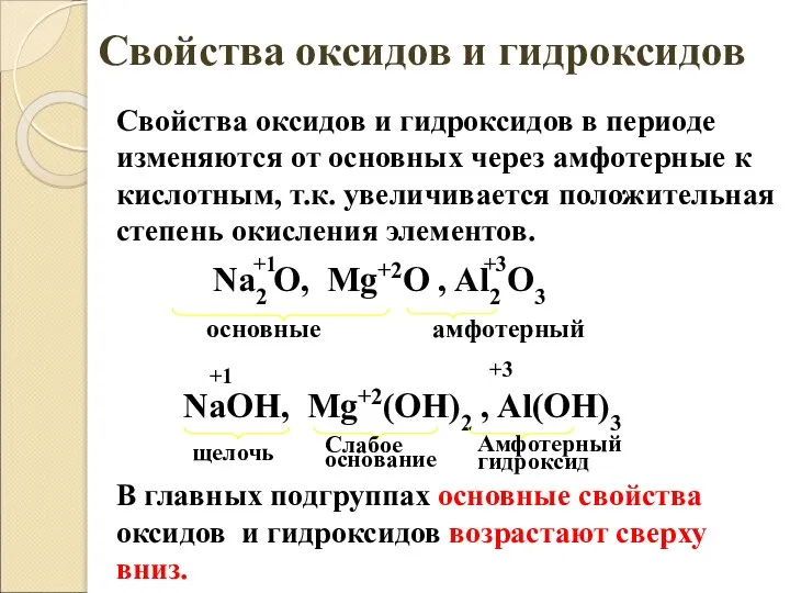 Свойства оксидов и гидроксидов в периоде изменяются от основных через амфотерные к