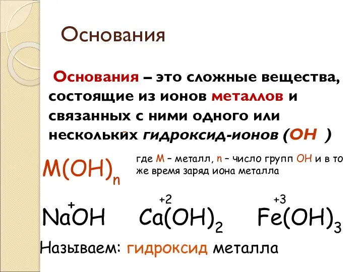 Основания Основания – это сложные вещества, состоящие из ионов металлов и связанных