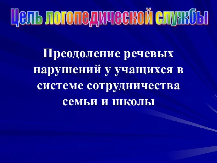 Цель логопедической службы Преодоление речевых нарушений у учащихся в системе сотрудничества семьи и школы