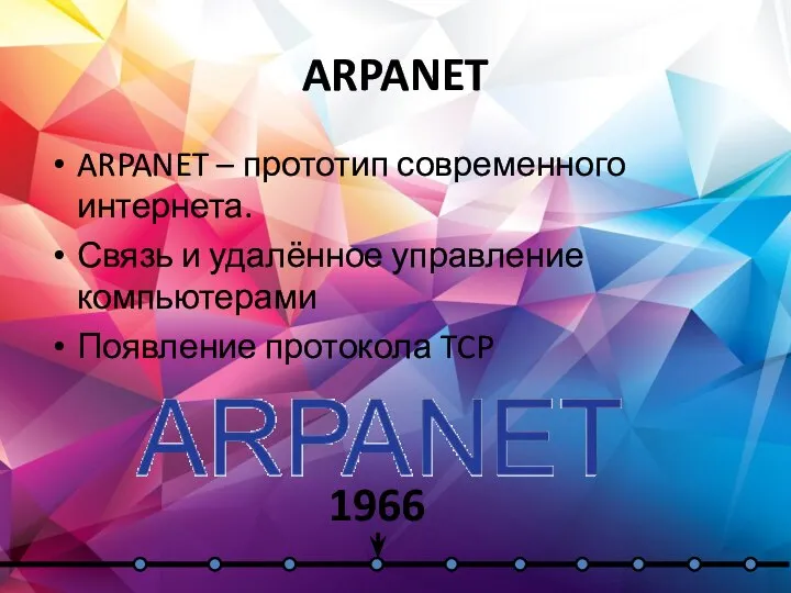 ARPANET ARPANET – прототип современного интернета. Связь и удалённое управление компьютерами Появление протокола TCP 1966