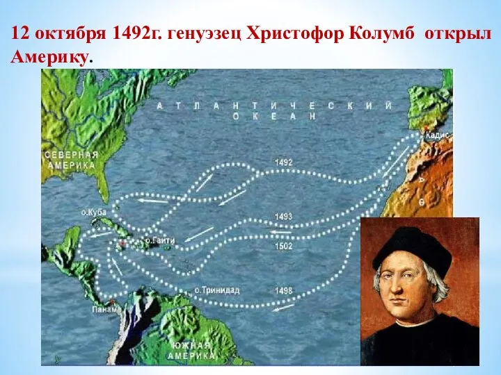 12 октября 1492г. генуэзец Христофор Колумб открыл Америку.