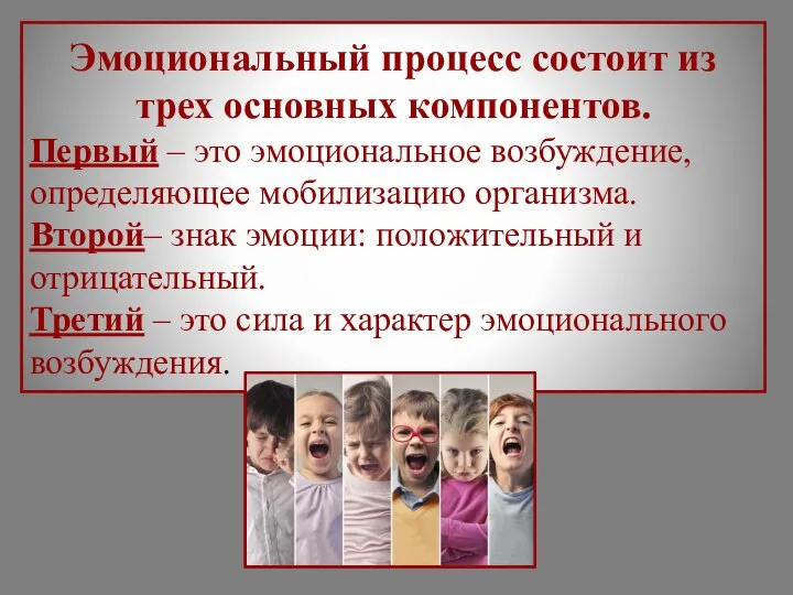 Эмоциональный процесс состоит из трех основных компонентов. Первый – это эмоциональное возбуждение,