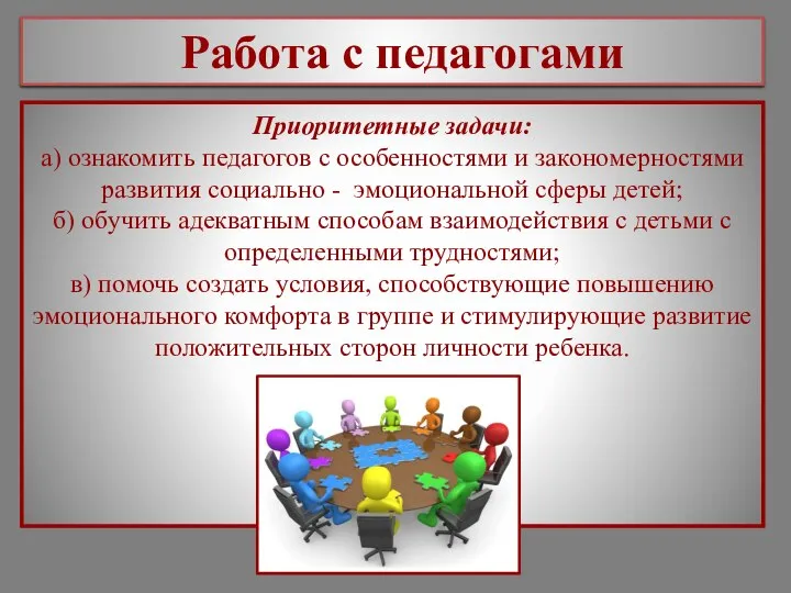 Приоритетные задачи: а) ознакомить педагогов с особенностями и закономерностями развития социально -