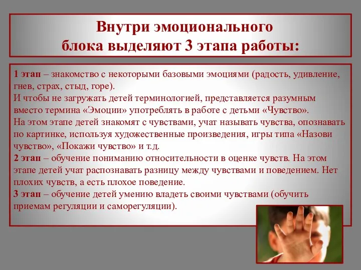 Внутри эмоционального блока выделяют 3 этапа работы: 1 этап – знакомство с