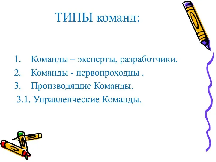 ТИПЫ команд: Команды – эксперты, разработчики. Команды - первопроходцы . Производящие Команды. 3.1. Управленческие Команды.