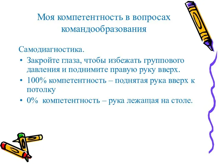 Моя компетентность в вопросах командообразования Самодиагностика. Закройте глаза, чтобы избежать группового давления