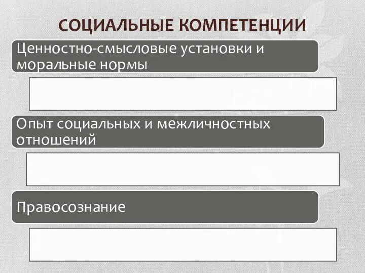 СОЦИАЛЬНЫЕ КОМПЕТЕНЦИИ Ценностно-смысловые установки и моральные нормы Опыт социальных и межличностных отношений Правосознание