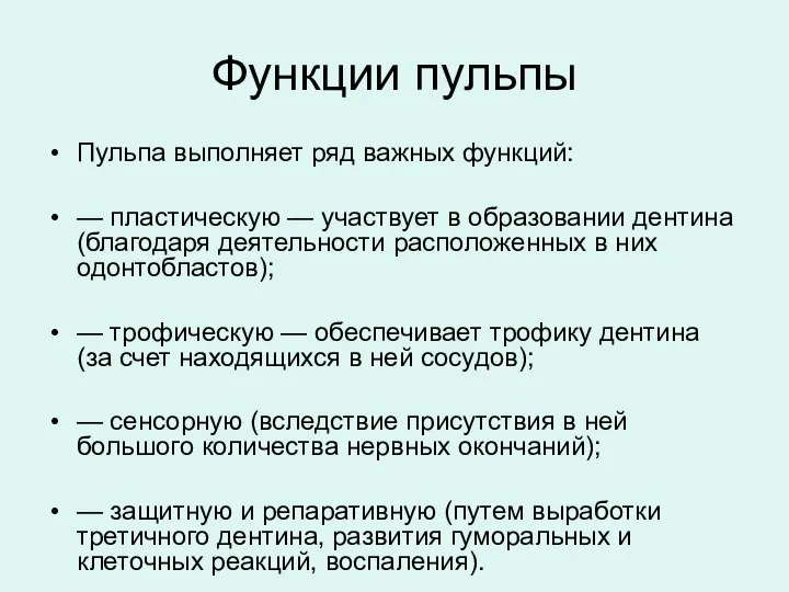 Функции пульпы Пульпа выполняет ряд важных функций: — пластическую — участвует в