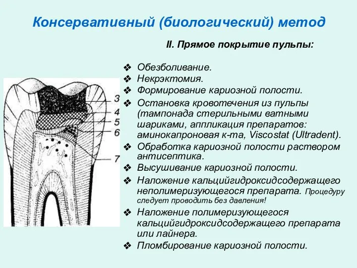 Консервативный (биологический) метод II. Прямое покрытие пульпы: Обезболивание. Некрэктомия. Формирование кариозной полости.