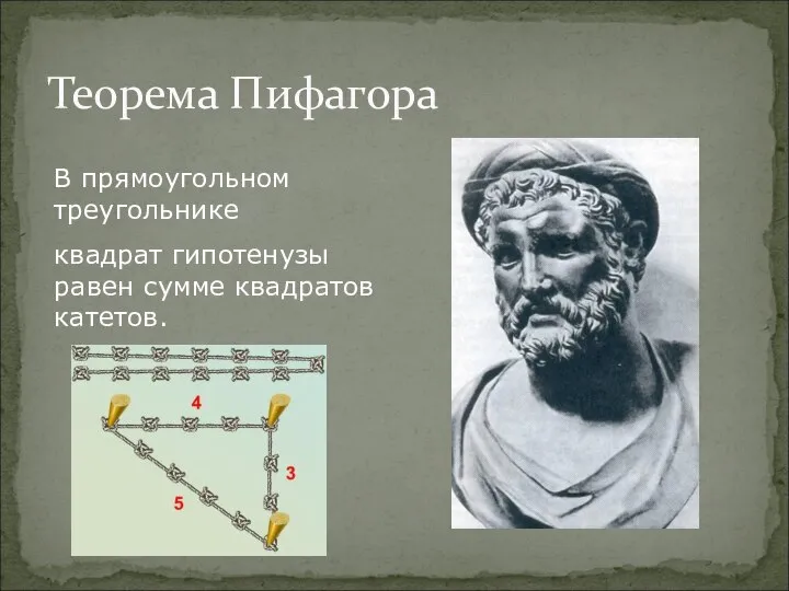 Теорема Пифагора В прямоугольном треугольнике квадрат гипотенузы равен сумме квадратов катетов.