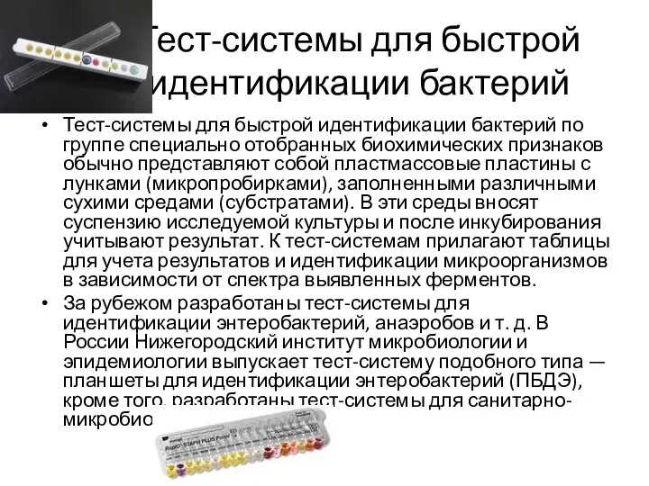 Тест-системы для быстрой идентификации бактерий Тест-системы для быстрой идентификации бактерий по группе