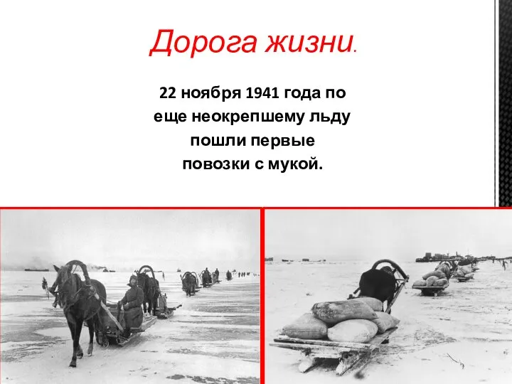 22 ноября 1941 года по еще неокрепшему льду пошли первые повозки с мукой. Дорога жизни.