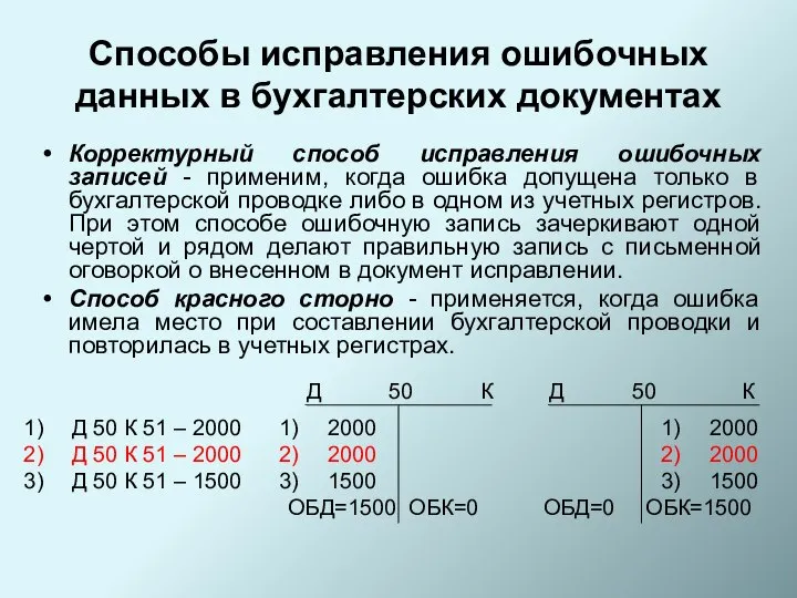 Способы исправления ошибочных данных в бухгалтерских документах Корректурный способ исправления ошибочных записей