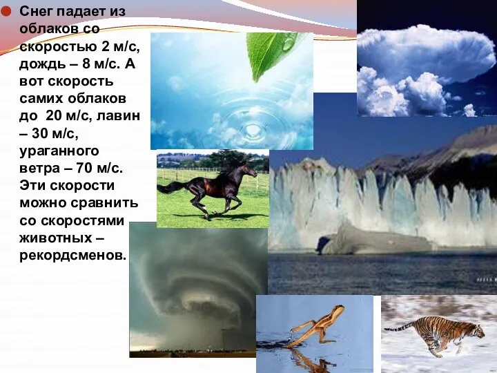 Снег падает из облаков со скоростью 2 м/с, дождь – 8 м/с.