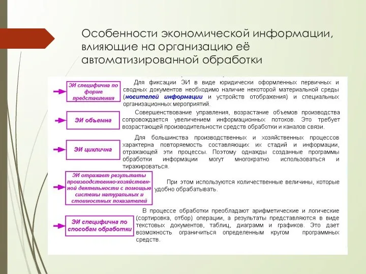 Особенности экономической информации, влияющие на организацию её автоматизированной обработки