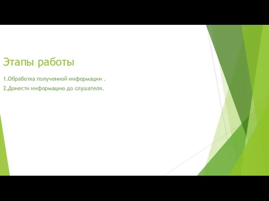 Этапы работы 1.Обработка полученной информации . 2.Донести информацию до слушателя.