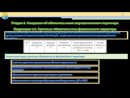 Раздел 6. Сведения об обязательствах имущественного характера Подраздел 6.2. Срочные обязательства финансового