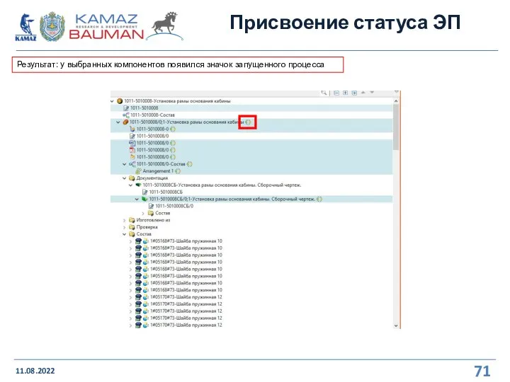 Присвоение статуса ЭП 11.08.2022 Результат: у выбранных компонентов появился значок запущенного процесса