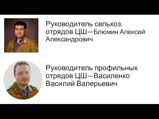 Руководитель сельхоз. отрядов ЦШ—Блюмин Алексей Александрович Руководитель профильных отрядов ЦШ—Василенко Василий Валерьевич