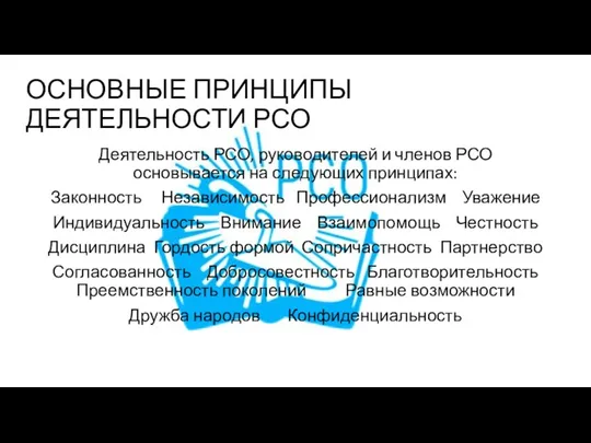 ОСНОВНЫЕ ПРИНЦИПЫ ДЕЯТЕЛЬНОСТИ РСО Деятельность РСО, руководителей и членов РСО основывается на