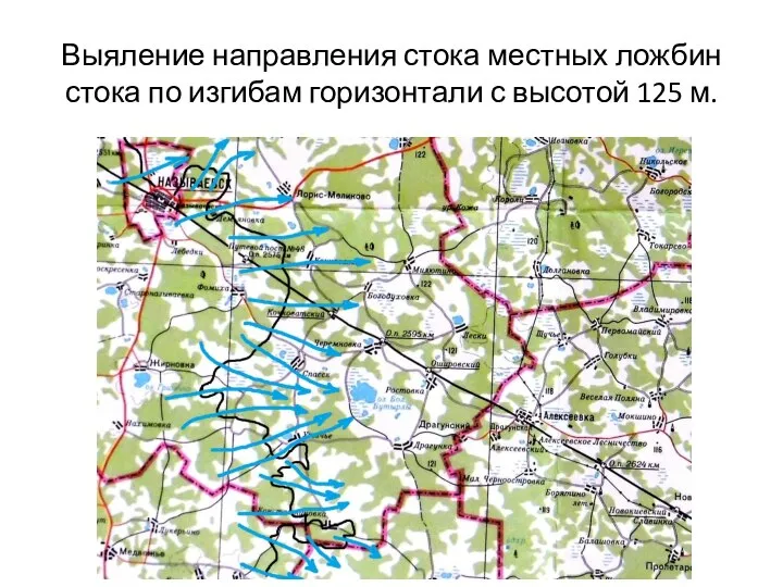 Выяление направления стока местных ложбин стока по изгибам горизонтали с высотой 125 м.