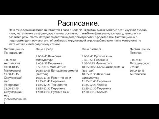 Расписание. Наш очно-заочный класс занимается 4 раза в неделю. В рамках очных