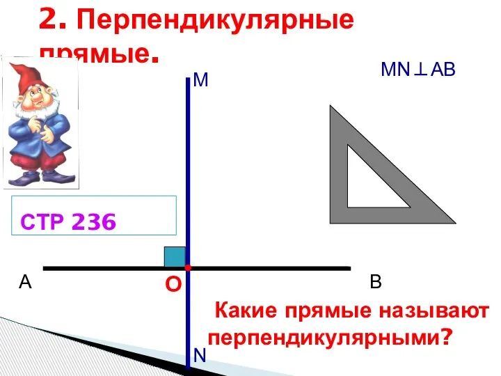 О А В М Какие прямые называют перпендикулярными? 2. Перпендикулярные прямые. N СТР 236 МN⊥АВ