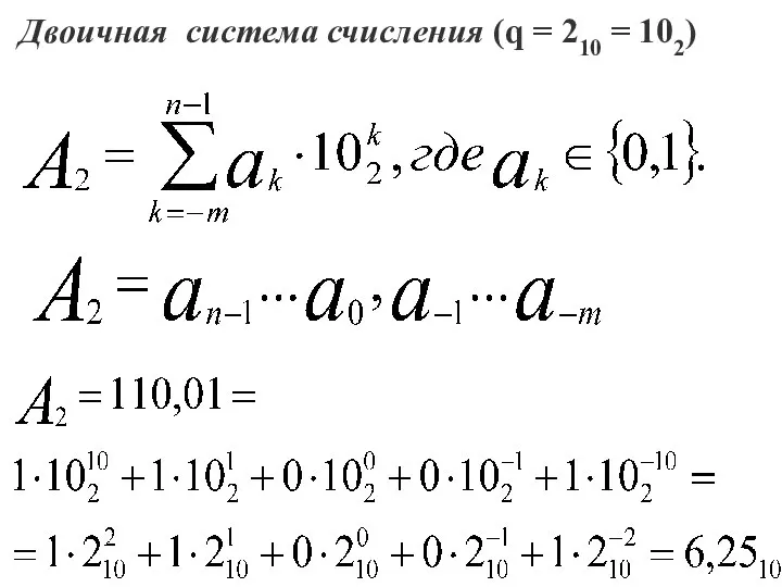 Двоичная система счисления (q = 210 = 102)