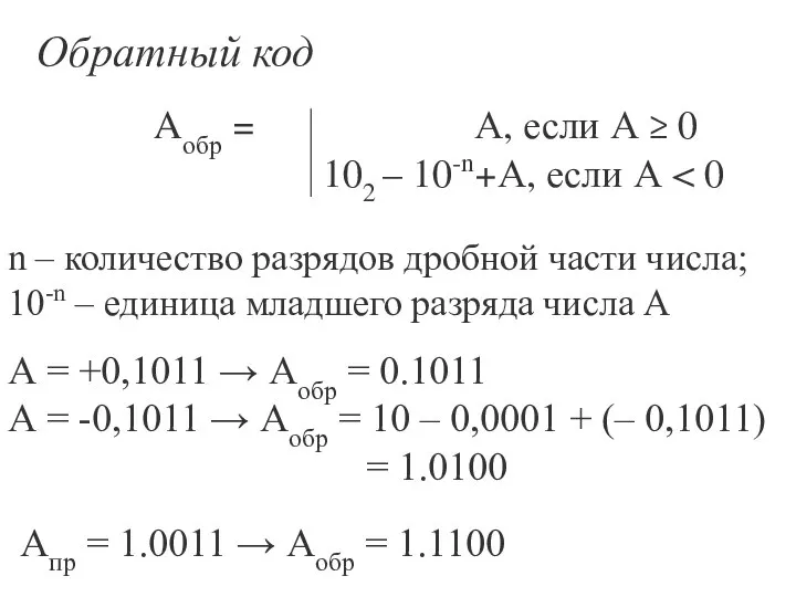 Обратный код Aобр = А, если А ≥ 0 102 – 10-n+А,