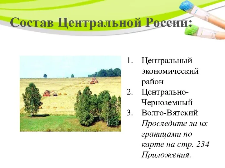 Состав Центральной России: Центральный экономический район Центрально-Черноземный Волго-Вятский Проследите за их границами