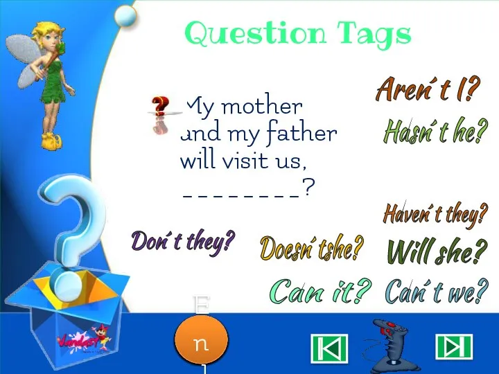 Question Tags My mother and my father will visit us, ________? Aren´t
