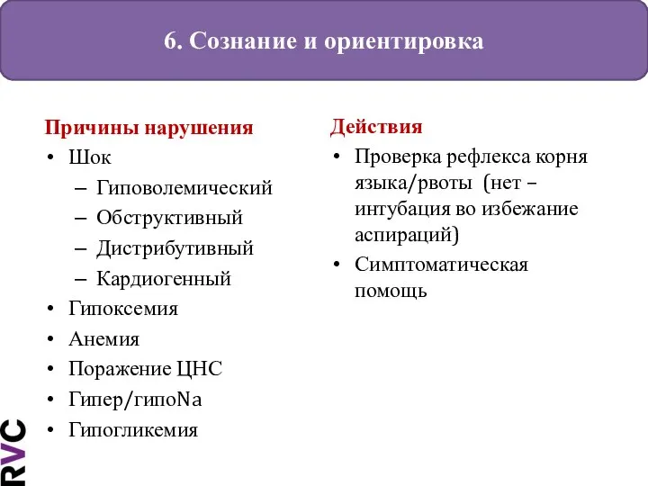 6. Сознание и ориентировка Причины нарушения Шок Гиповолемический Обструктивный Дистрибутивный Кардиогенный Гипоксемия