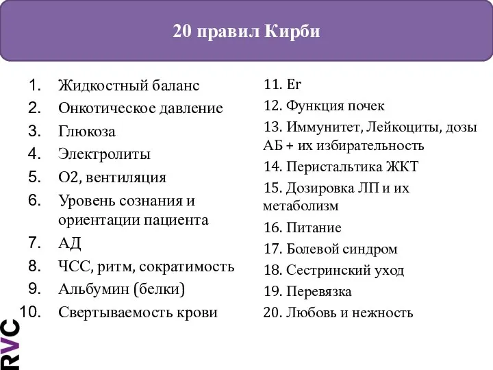 Жидкостный баланс Онкотическое давление Глюкоза Электролиты О2, вентиляция Уровень сознания и ориентации