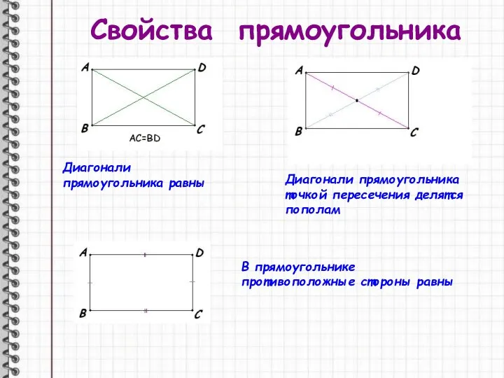 Свойства прямоугольника Диагонали прямоугольника равны Диагонали прямоугольника точкой пересечения делятся пополам В прямоугольнике противоположные стороны равны