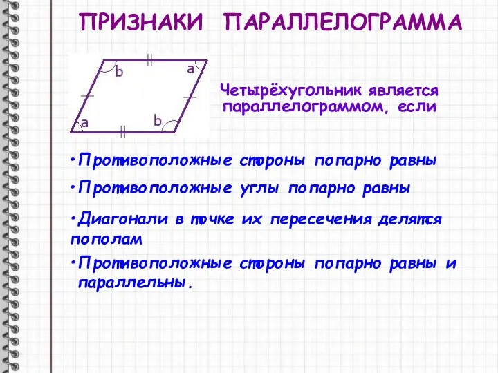 ПРИЗНАКИ ПАРАЛЛЕЛОГРАММА Четырёхугольник является параллелограммом, если Противоположные стороны попарно равны Противоположные углы