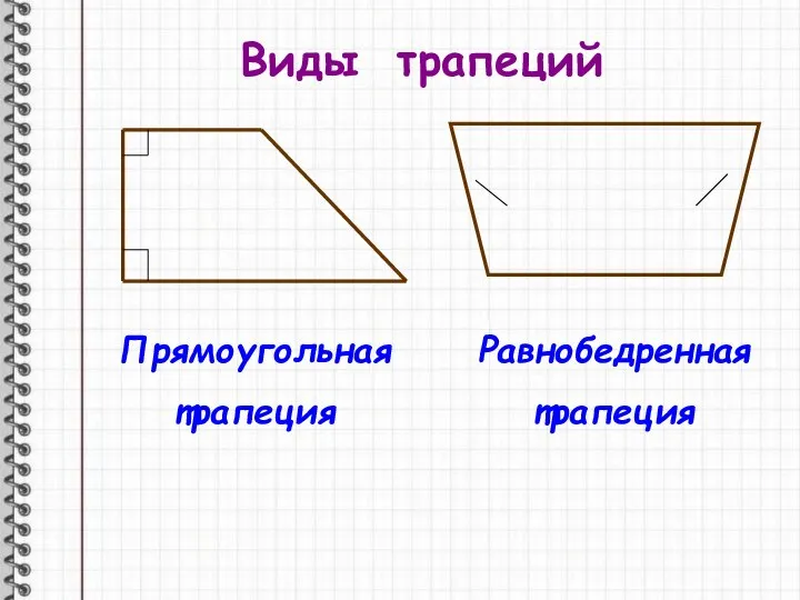 Виды трапеций Прямоугольная трапеция Равнобедренная трапеция