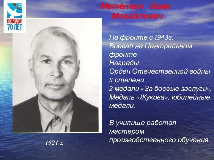 На фронте с 1943г. Воевал на Центральном фронте Награды: Орден Отечественной войны