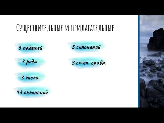 Существительные и прилагательные 5 падежей 3 рода 3 числа 13 склонений 5 склонений 3 степ. сравн.